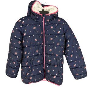 Gap Kids Jacket Girls XXL Navy Floral Hooded Puffer Sherpa‎ Lined Winter Coat